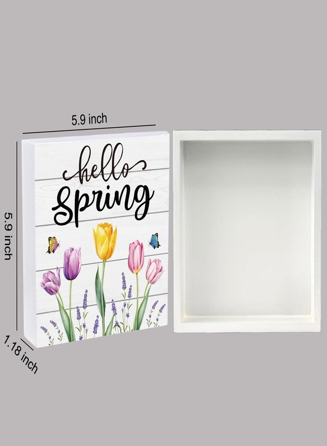 YUNKKIN Spring Table Decor Spring Decorations Indoor Tulips Hello Home Room Office Bathroom Wood Box Sign Rustic Wooden Shelf Desk Decor Season Sign House Warming Gifts 5.9 x 5.9 Inch - Image 2