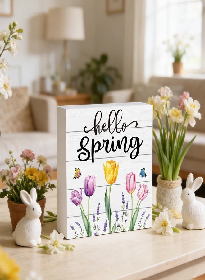 YUNKKIN Spring Table Decor Spring Decorations Indoor Tulips Hello Home Room Office Bathroom Wood Box Sign Rustic Wooden Shelf Desk Decor Season Sign House Warming Gifts 5.9 x 5.9 Inch - Image 3