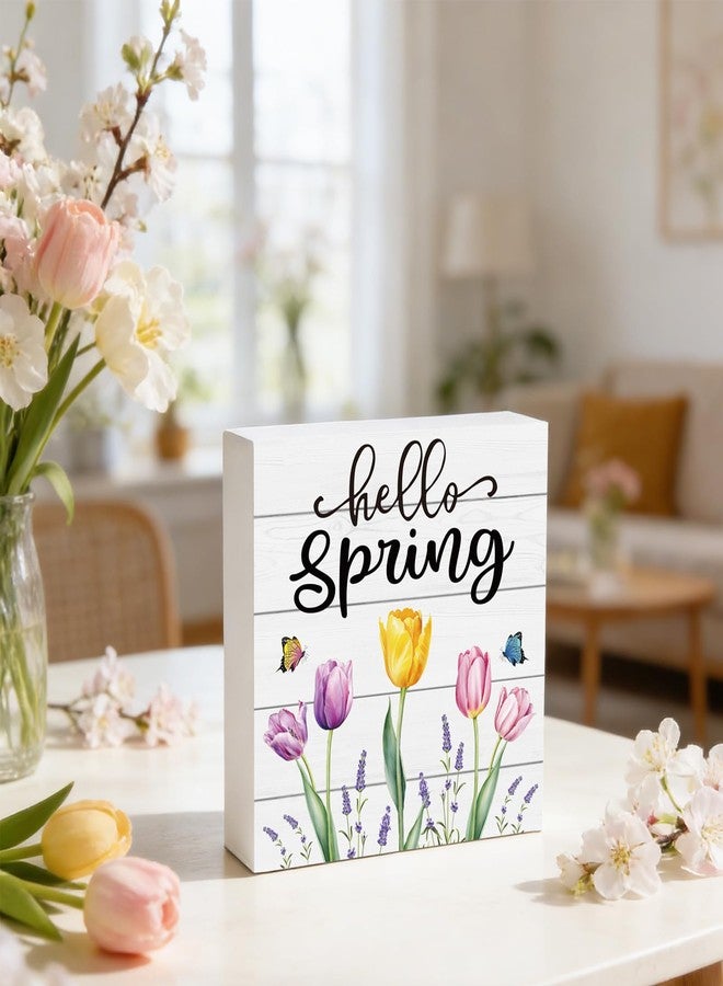 YUNKKIN Spring Table Decor Spring Decorations Indoor Tulips Hello Home Room Office Bathroom Wood Box Sign Rustic Wooden Shelf Desk Decor Season Sign House Warming Gifts 5.9 x 5.9 Inch - Image 5