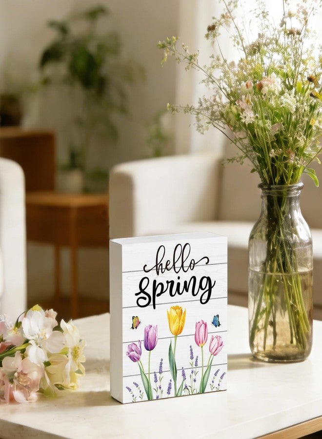 YUNKKIN Spring Table Decor Spring Decorations Indoor Tulips Hello Home Room Office Bathroom Wood Box Sign Rustic Wooden Shelf Desk Decor Season Sign House Warming Gifts 5.9 x 5.9 Inch - Image 4