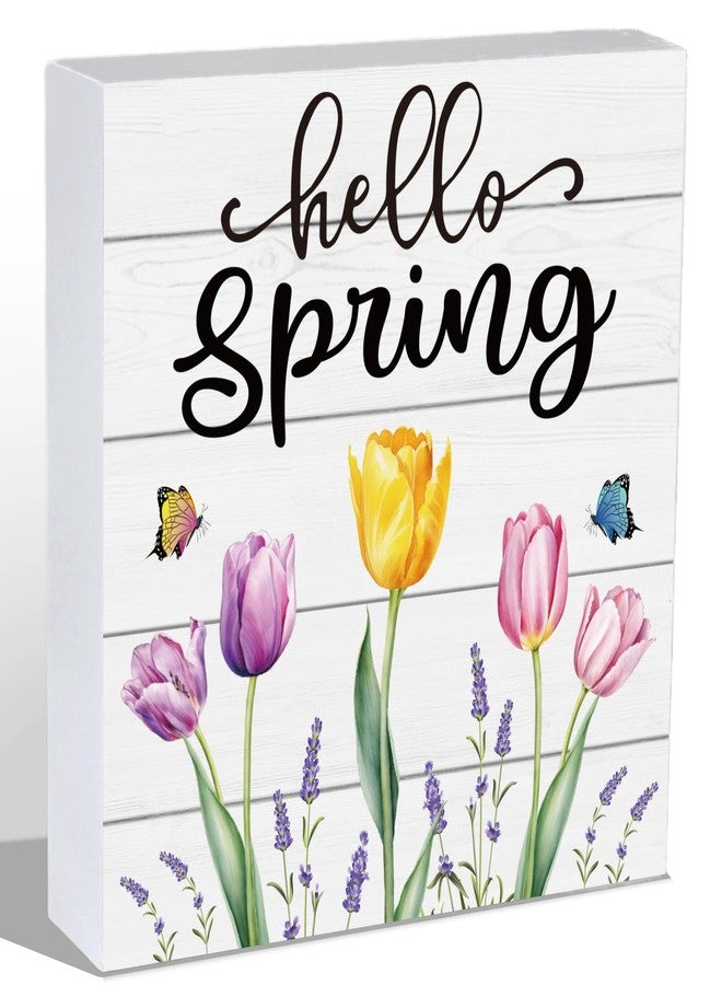 YUNKKIN Spring Table Decor Spring Decorations Indoor Tulips Hello Home Room Office Bathroom Wood Box Sign Rustic Wooden Shelf Desk Decor Season Sign House Warming Gifts 5.9 x 5.9 Inch - Image 1
