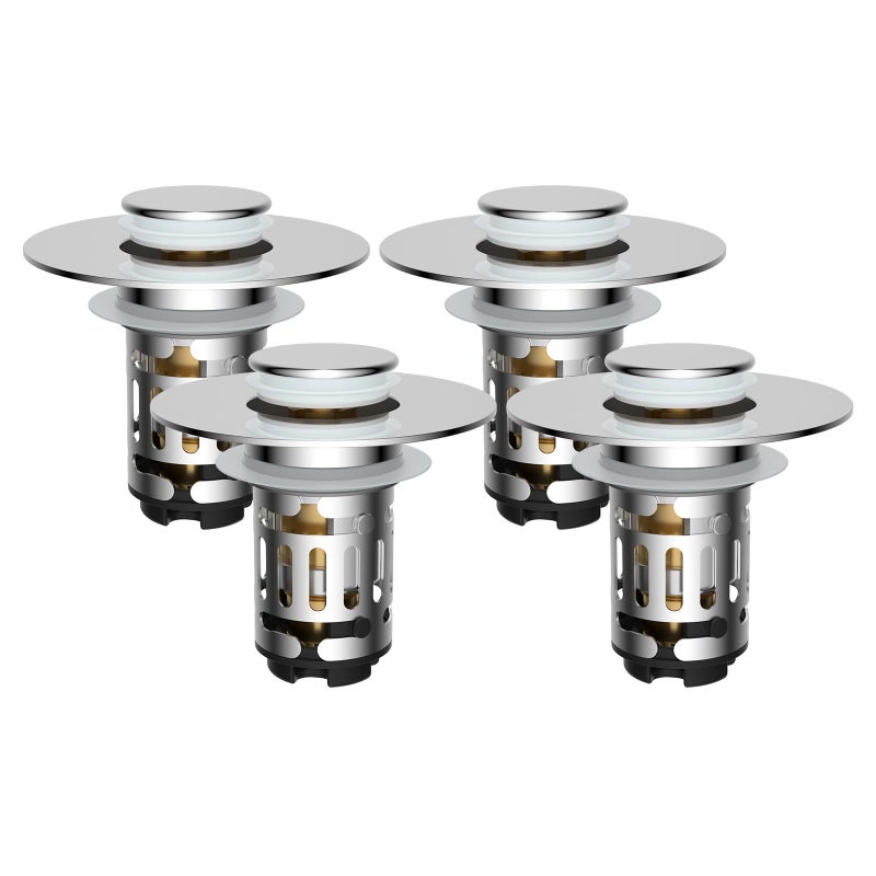 Hibbent 4 Pack Upgraded 3 in 1 Bathroom Sink Drain Strainer Universal Pop Up Stopper with Removable Stainless Steel Filter Basket Hair Catcher Sink Plug for 11236 Basin Brass Core Chrome - Image 2