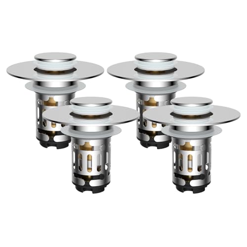 Hibbent 4 Pack Upgraded 3 in 1 Bathroom Sink Drain Strainer Universal Pop Up Stopper with Removable Stainless Steel Filter Basket Hair Catcher Sink Plug for 11236 Basin Brass Core Chrome - Image 1