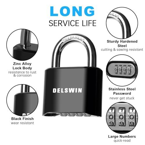 DELSWIN 4-Digit Combination Lock Outdoor Padlock - Heavy Duty Locker Lock with Hardened Steel Shackle, Waterproof Combo Lock for Gym Locker, Hasp Storage, Shed, Fence, Gate (Black,2Pcs) - Image 4
