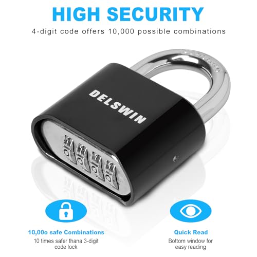 DELSWIN 4-Digit Combination Lock Outdoor Padlock - Heavy Duty Locker Lock with Hardened Steel Shackle, Waterproof Combo Lock for Gym Locker, Hasp Storage, Shed, Fence, Gate (Black,2Pcs) - Image 3