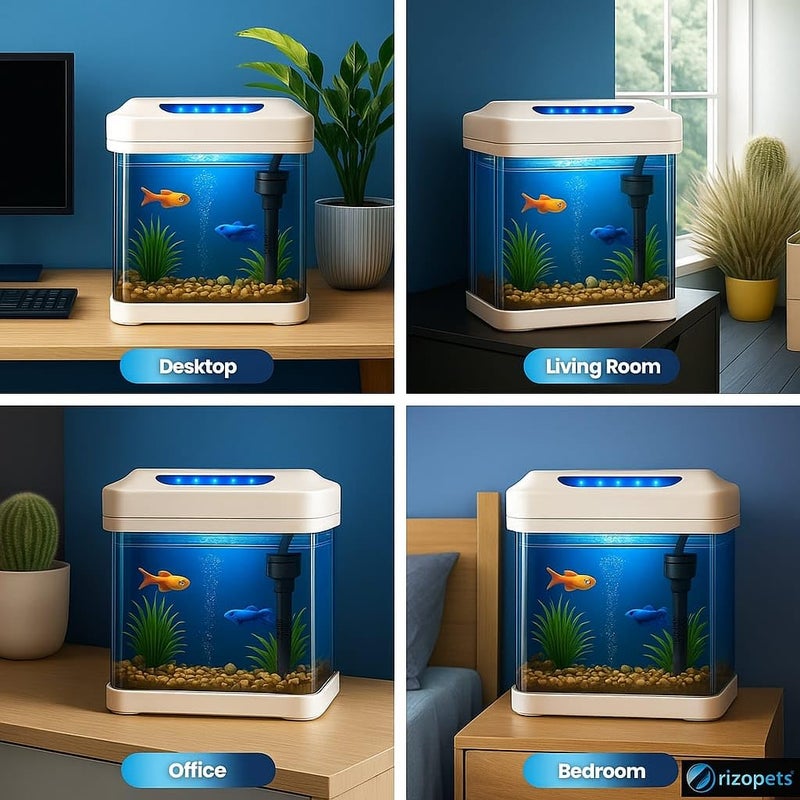 rizopets حوض سمك مدمج T-190F مع إضاءة LED مدمجة وفلتر صامت حوض أكريليك فائق الوضوح لسمكة البيتا والأسماك الصغيرة للاستخدام في المنزل أو المكتب - Image 5