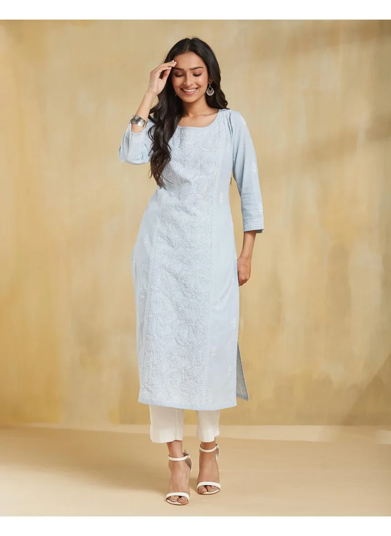 فاب انديا Blue Cotton Chikankari Slim Fit Long Kurta