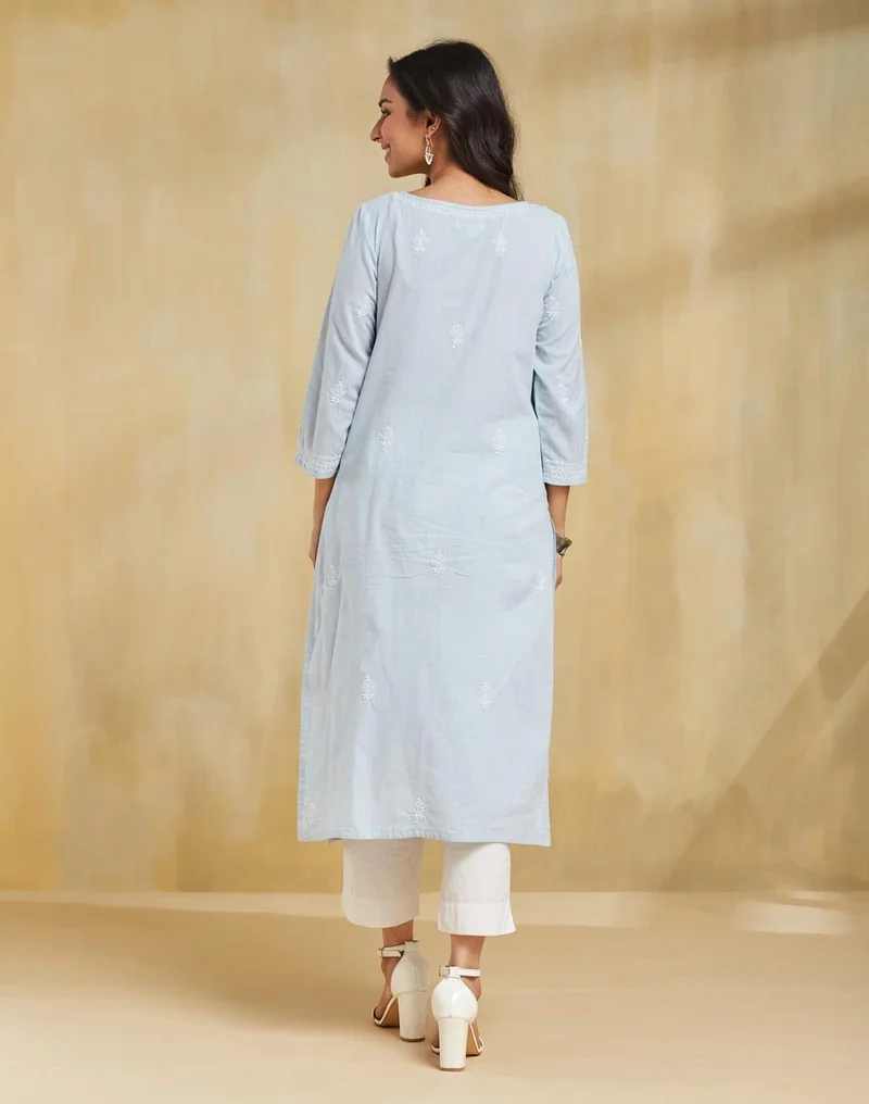 Fabindia Blue Cotton Chikankari Slim Fit Long Kurta