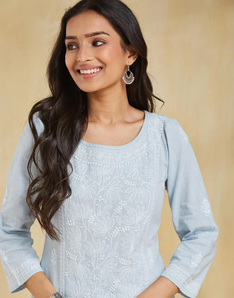 Fabindia Blue Cotton Chikankari Slim Fit Long Kurta