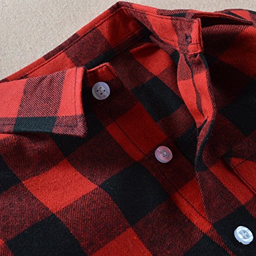 Askwind Happy GoGo Kid Girl Boy Long Sleeve Button Down Plaid Flannel Shirt (Red-Black, 7-8Years) - Image 4