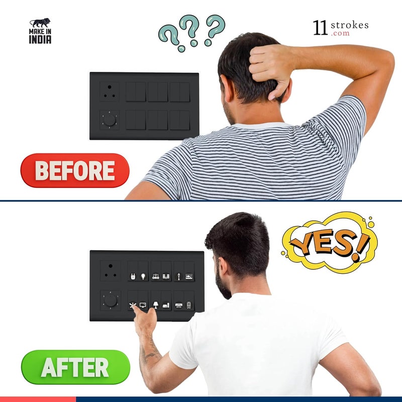 11 Strokes Black & White Switch Board Stickers for Home - 3 Sheets Black Switch Board Stickers, Electric Switchboard self Adhesive Stickers, Light Stickers, Bell Sticker Light Fan Sticker for Switch - Image 4