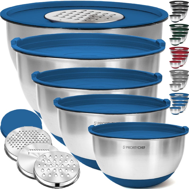 Priority Chef Stainless Steel Mixing Bowls with Lids Set 3 Grater Attachments Airtight Lids NonSlip Silicone Base Mixing Bowl Set Large Prep Metal Mixing Bowls for Kitchen Blue