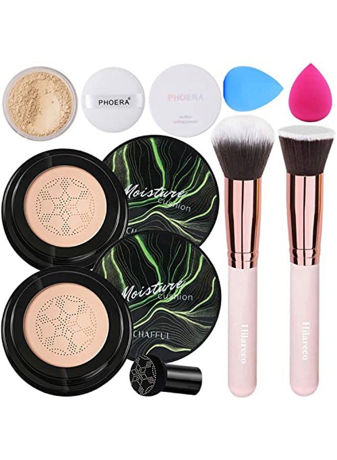 Hilareco Mushroom Head Air Cushion CC Cream Natural Foundation,Phoera Powder, Bright Makeup Base Long Lasting with Makeup Sponge and Flat Top Kabuki Foundation Brush (# 02 Natural) - Image 1