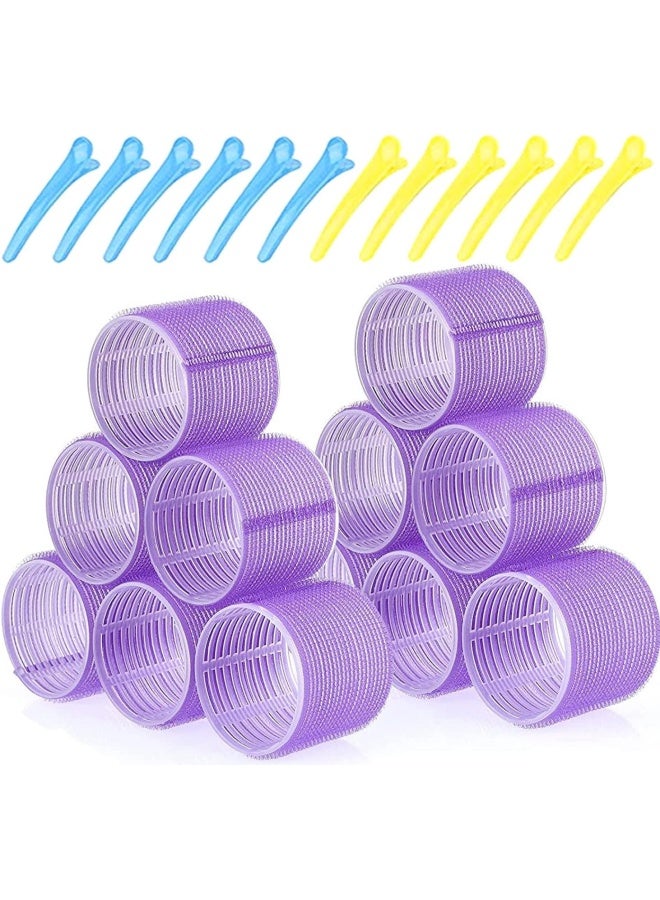 Premify مجموعة 24 قطعة من لفافات الشعر الكبيرة، 12 قطعة من لفافات الشعر ذاتية التثبيت بحجم 48 × 63 مم و12 قطعة من مشابك تقسيم على شكل منقار البط لصالونات الحلاقة وتصفيف الشعر، لفافات تصفيف الشعر - Image 1