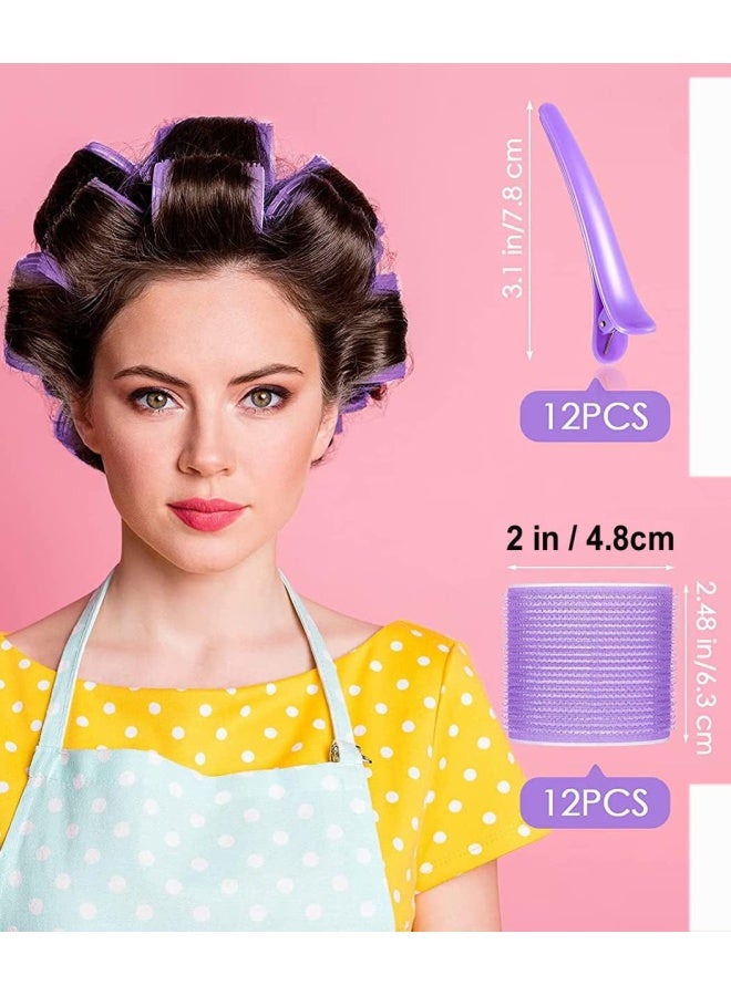 Premify مجموعة 24 قطعة من لفافات الشعر الكبيرة، 12 قطعة من لفافات الشعر ذاتية التثبيت بحجم 48 × 63 مم و12 قطعة من مشابك تقسيم على شكل منقار البط لصالونات الحلاقة وتصفيف الشعر، لفافات تصفيف الشعر - Image 2