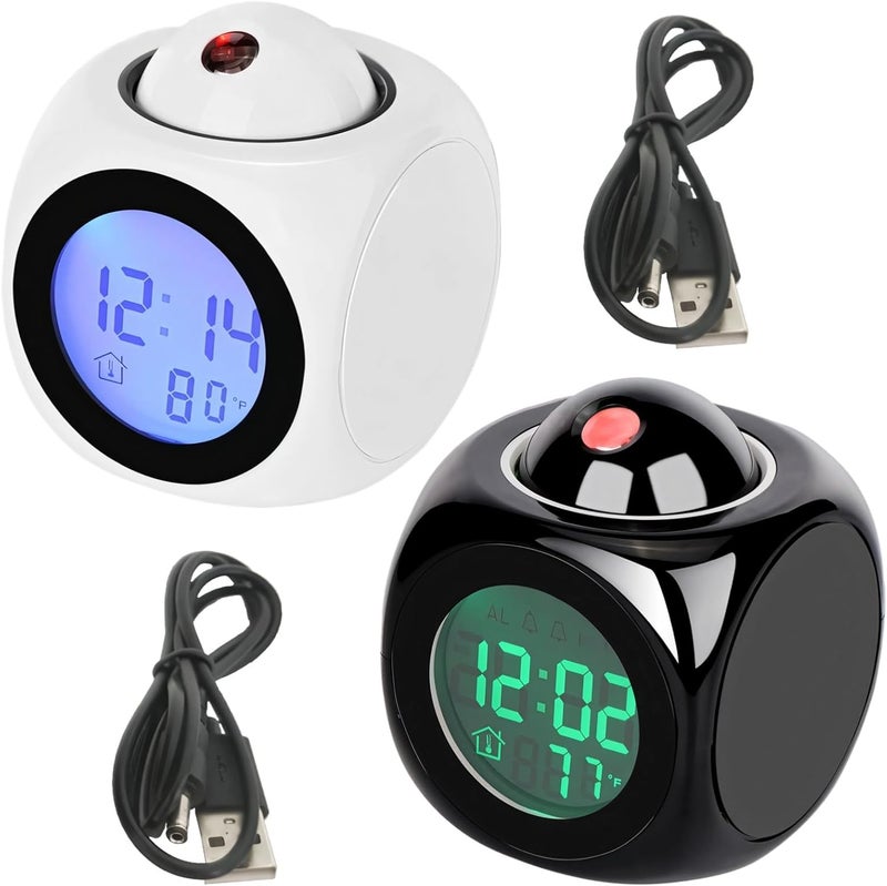 Led Cube Projection Clock with Clear Red Time, Voice Time Announcements, Dual Time & Temperature Display, USB Powered, Black & White Design - Image 1
