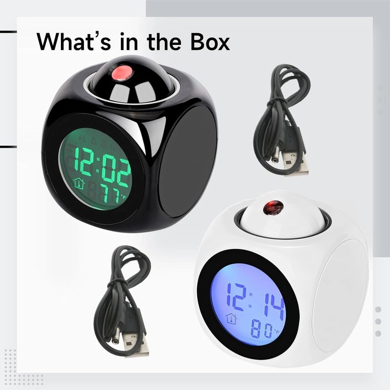 Led Cube Projection Clock with Clear Red Time, Voice Time Announcements, Dual Time & Temperature Display, USB Powered, Black & White Design - Image 3