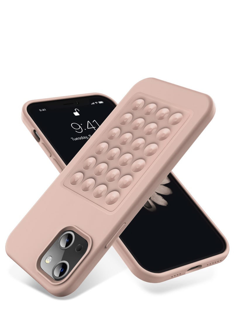 جراب هاتف من السيليكون الناعم مع قاعدة شفط وحامل حماية كاملة ومضاد للصدمات لهاتف iPhone 13/14 (رملي وردي)