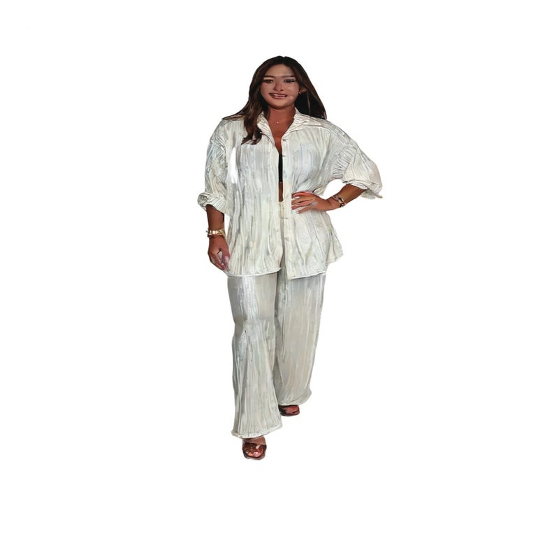 Women's Long Sleeve Lapel Button Cardigan and Pants Two-Piece Set - Image 1