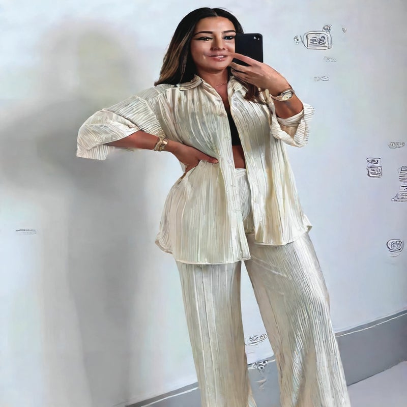 Women's Long Sleeve Lapel Button Cardigan and Pants Two-Piece Set - Image 2