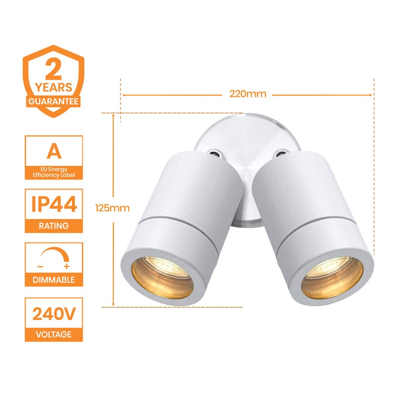 national lighting أضواء سبوت لايت مزدوجة خارجية بتصنيف IP44، فولاذ أبيض لامع، أضواء قابلة للتعديل، أضواء أمان تعمل بالطاقة الرئيسية، 2X 7W 240V LED GU10 (غير متضمنة) - Image 2