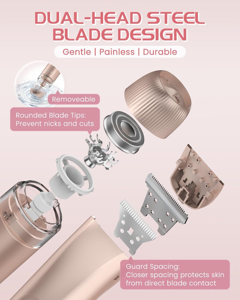 HOWSYKI Bikini Trimmer for Women, Painless Dual Head Shaver for Sensitive Skin, IPX7 Waterproof for Safe Shower, USB-C, Detachable Head, Portable 2 in 1 Electric Razors for Pubic Hair, Rose Gold - Image 3