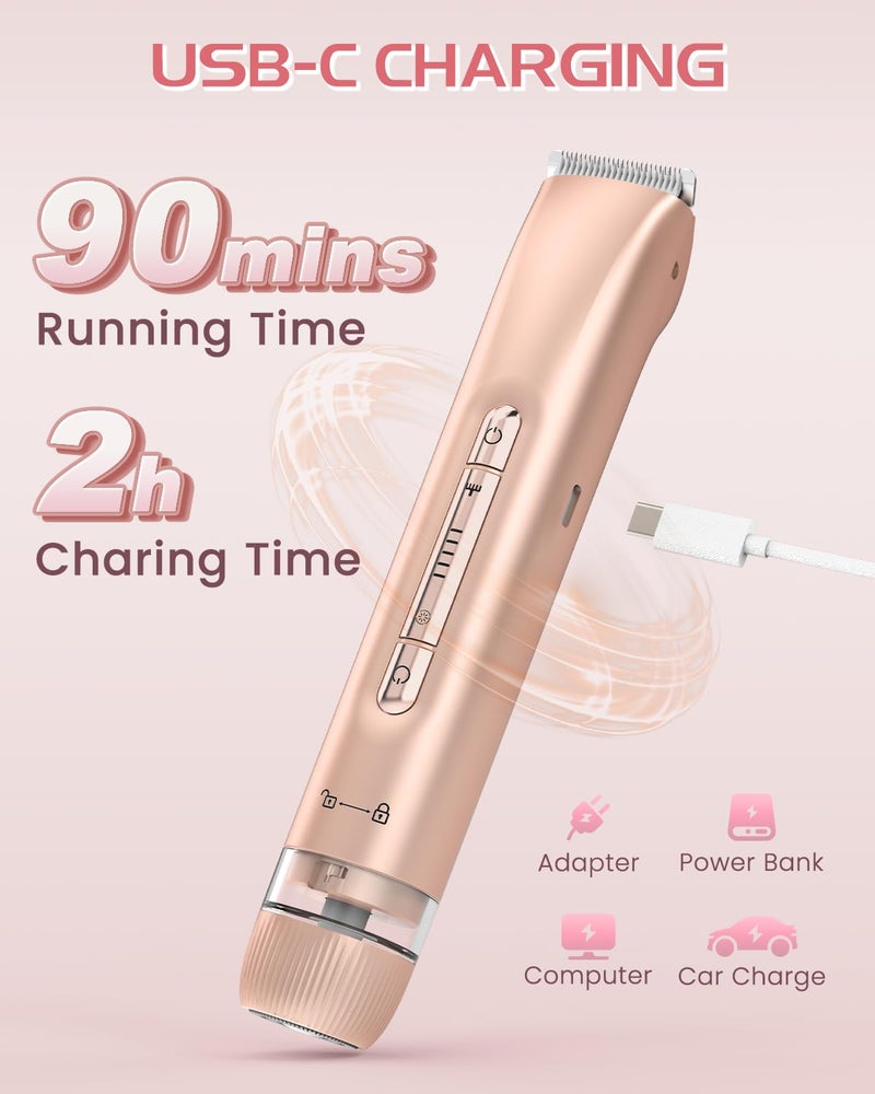 HOWSYKI Bikini Trimmer for Women, Painless Dual Head Shaver for Sensitive Skin, IPX7 Waterproof for Safe Shower, USB-C, Detachable Head, Portable 2 in 1 Electric Razors for Pubic Hair, Rose Gold - Image 5