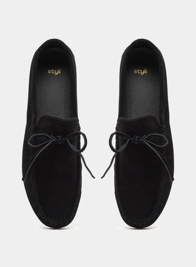 Styli Textured Bow Accent Slip In Loafers