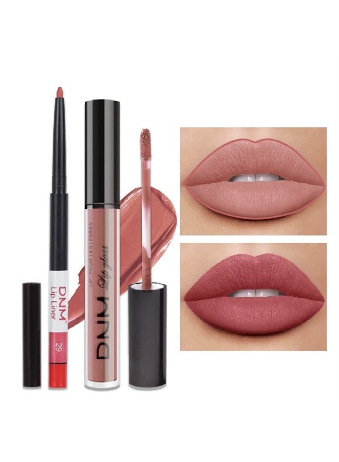 evpct 2Pcs Nude Pink Matte Lip Liner and Lipstick Pencil Makeup Set DNM Brown Liquid Lipstick Lip gloss Stain Set Long Lasting Waterproof labiales mate 24 horas originales matte larga duracion 24 29# - Image 1