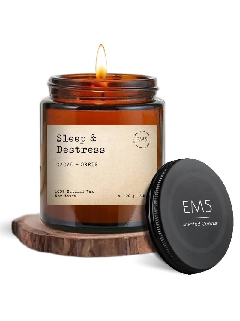 EM5 Sleep & Destress Aromatherapy Scented Candle | Cacao & Orris | 100% Natural Wax & Lead Free Wick | Upto 30 Hours of Clean Burning | Smokeless & Non-Toxic Candles | 100gm - Image 1