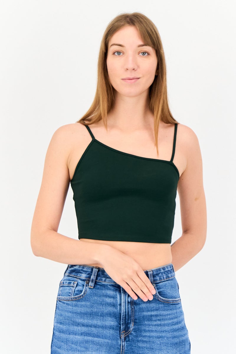ONLY Women Asymmetric Neck Sleeveless Solid Tank Top, Green  - Image 1