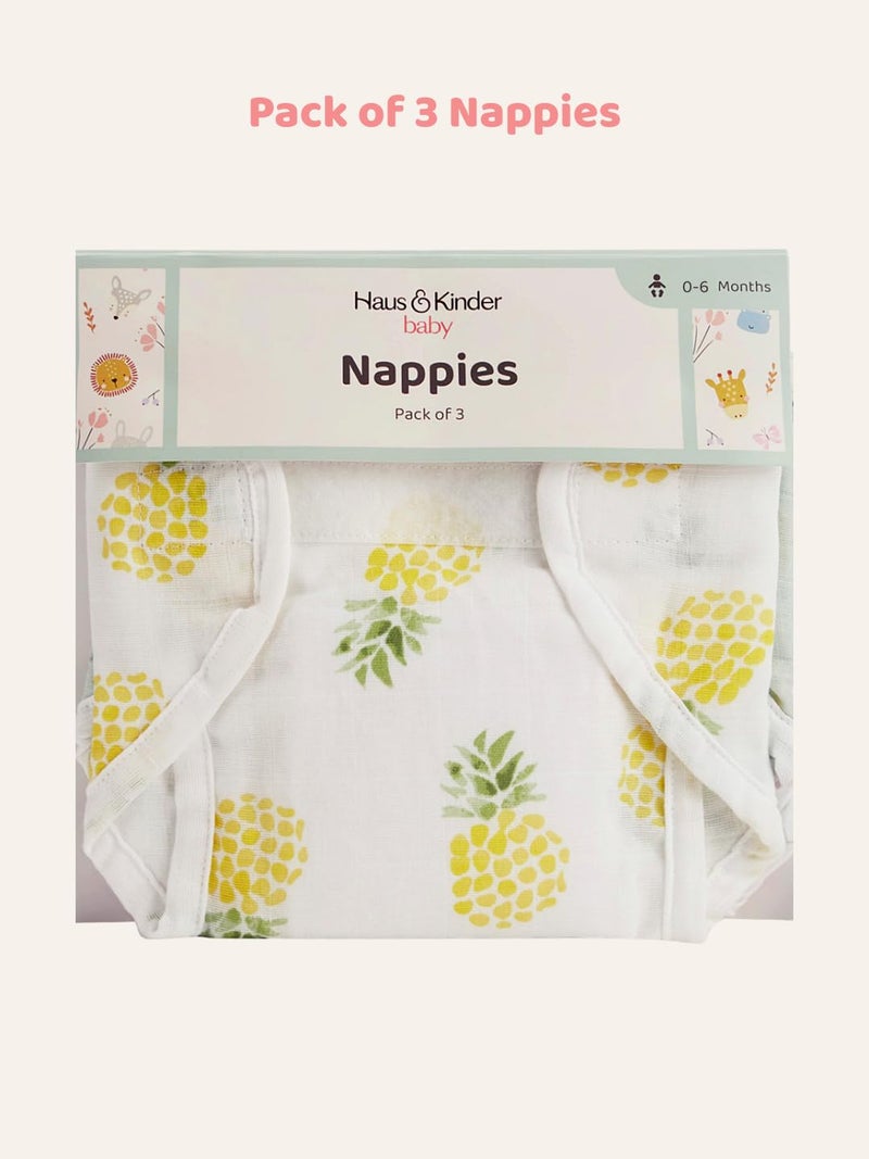 Haus & Kinder Muslin Cloth Nappies For Newborns - Pack Of 3 | Multicolor, 0-6 Months, Reusable Baby Diapers With Absorbent, 100% Muslin Cotton, Adjustable Velcro – Tropical Twist Collection - Image 3
