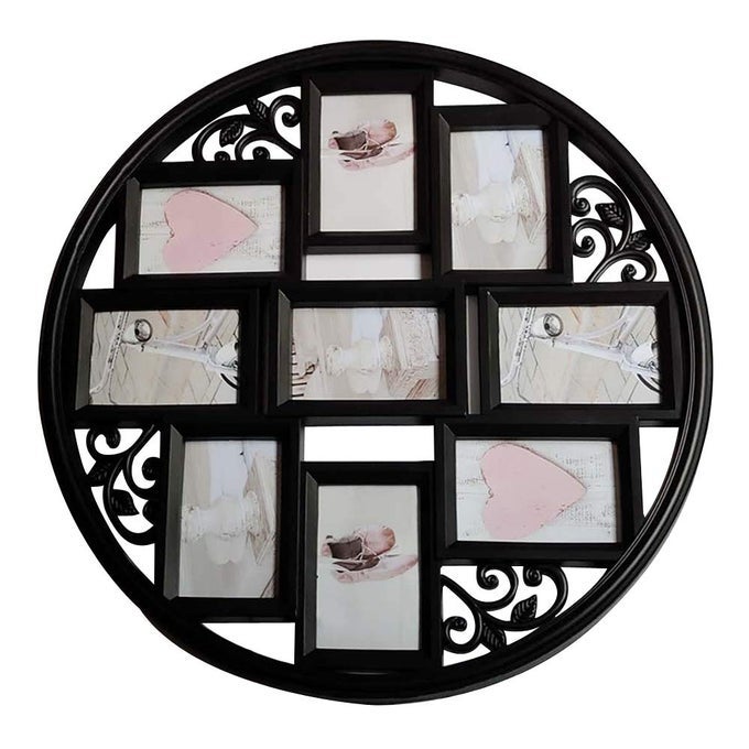 4x6 Wall Collage Picture Frames 4X6 Round Circular Wall hanging Picture Photo Collage Frame with Leaf Decoration 9 Opening Black