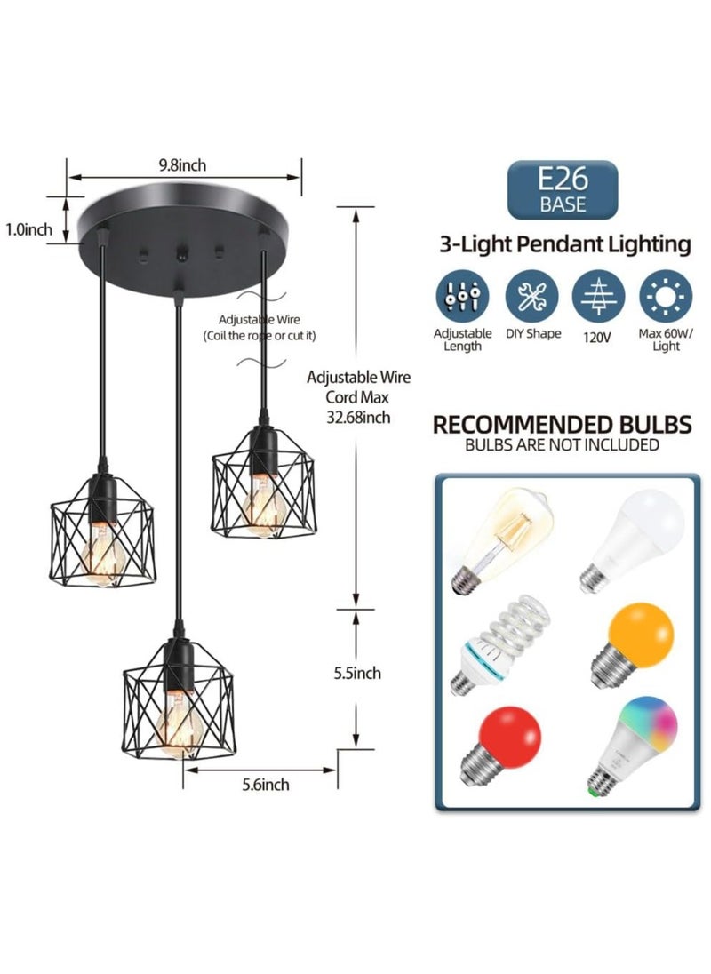 Jorunb 3-Light Pendant Light Fixtures, Farmhouse Hanging Pendant Lighting, Dining Room Chandelier, Industrial Kitchen Island Hanging Light Fixture, Black Metal Cage Pendant Ceiling Lamp for Kitchen  - Image 2