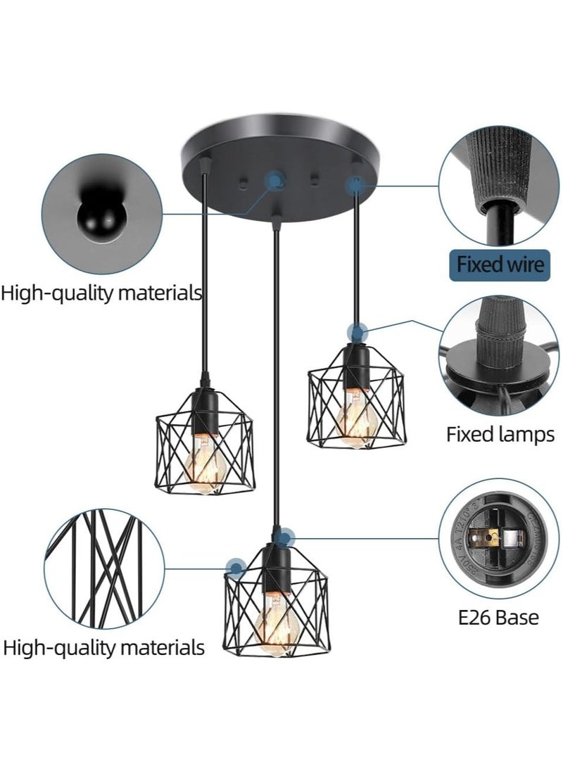 Jorunb 3-Light Pendant Light Fixtures, Farmhouse Hanging Pendant Lighting, Dining Room Chandelier, Industrial Kitchen Island Hanging Light Fixture, Black Metal Cage Pendant Ceiling Lamp for Kitchen  - Image 3