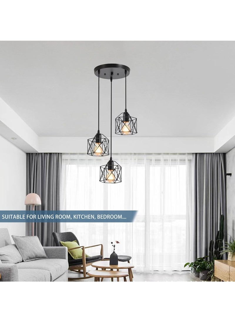 Jorunb 3-Light Pendant Light Fixtures, Farmhouse Hanging Pendant Lighting, Dining Room Chandelier, Industrial Kitchen Island Hanging Light Fixture, Black Metal Cage Pendant Ceiling Lamp for Kitchen  - Image 4