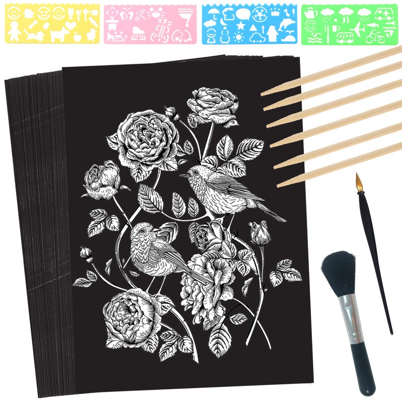ZOCONE Scratch Paper Art Set 50 Sheets 8x11in Black Coated Scratchboard Large Scratch Paper with Wooden Styluses and Stencils DIY Scratch Painting Art Paper for Kids Adults Birthday Christmas Gift