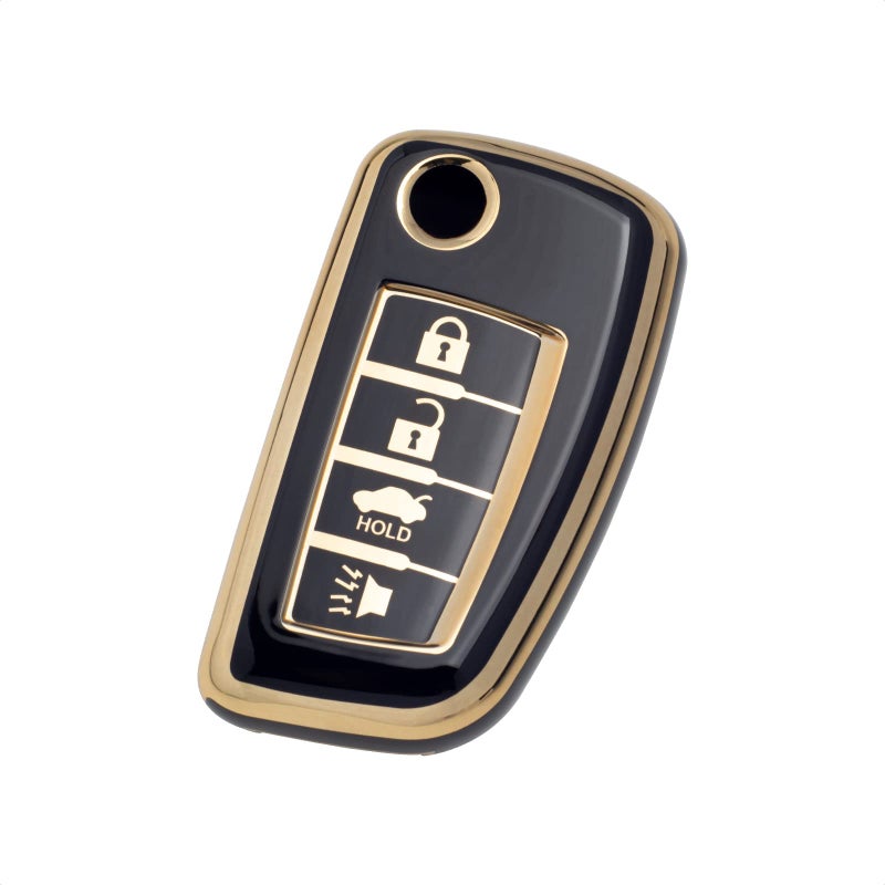 SK CUSTOM Black TPU Gold Edge Smart Key Fob Case Protective Cover Compatible with Nissan Folding Key XTrail Juke F15 Rogue Qashqai J11 Tiida Murano Maxima 4 Button Keyless Entry Remote Accessories