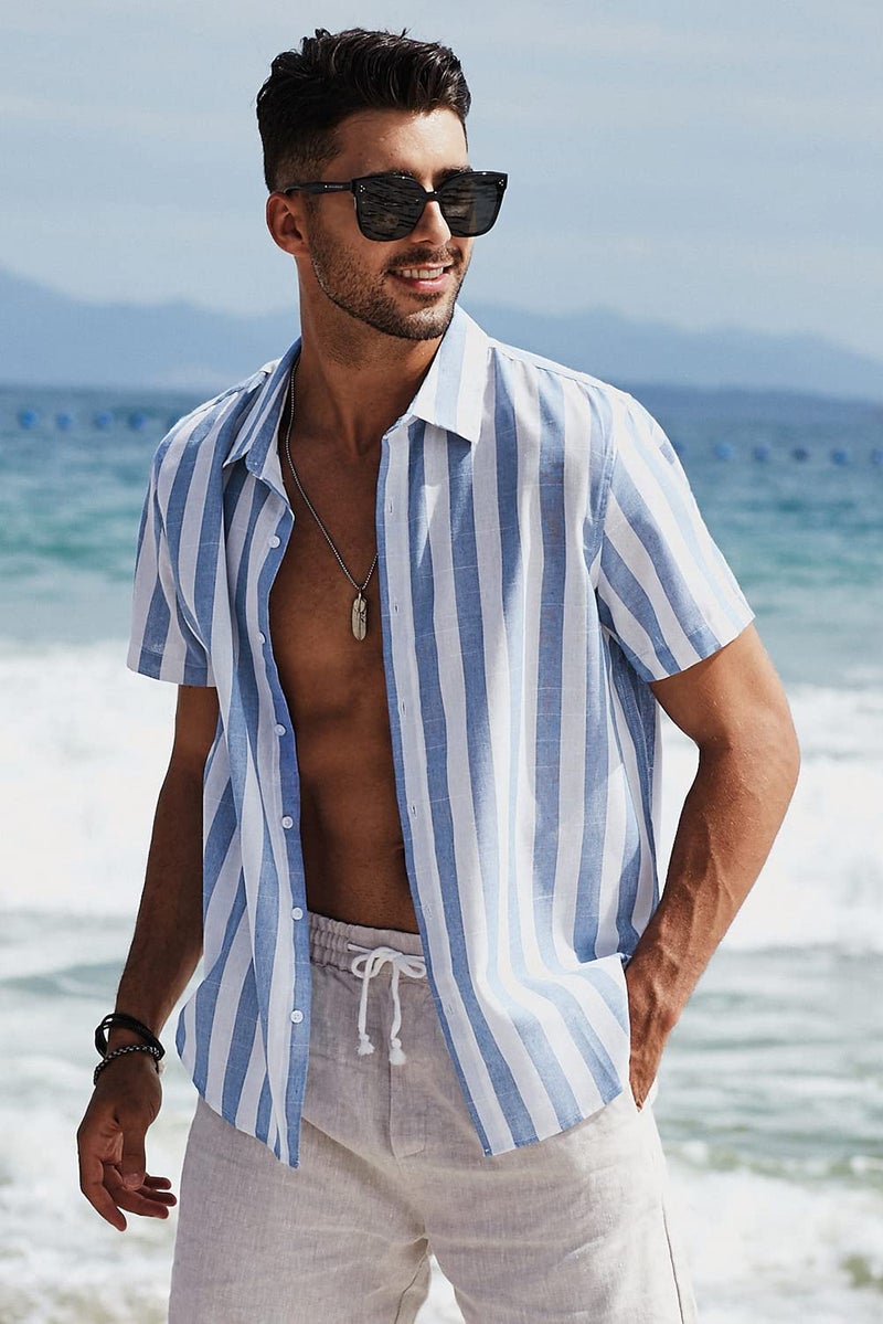 JMIERR Mens Summer Casual Stylish Short Sleeve Button-Up Collared Shirts Cotton Linen Striped Dress Shirts Beach Cruise Tshirts Shirt, XL, Sky Blue - Image 4