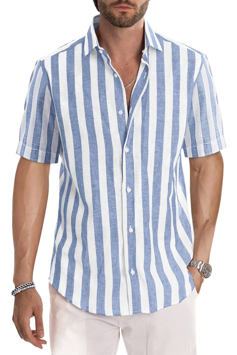 JMIERR Mens Summer Casual Stylish Short Sleeve Button-Up Collared Shirts Cotton Linen Striped Dress Shirts Beach Cruise Tshirts Shirt, XL, Sky Blue - Image 1