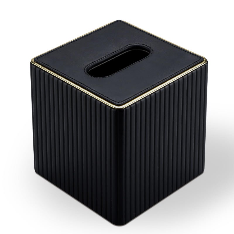 KINGFOM Tissue Box Cover, PU Leather Square Tissue Box Holder for Kleenexs with Magnetic Bottom Cover for Facial Tissues/Napkins, Office & Living Room Decor Box Black - Image 2