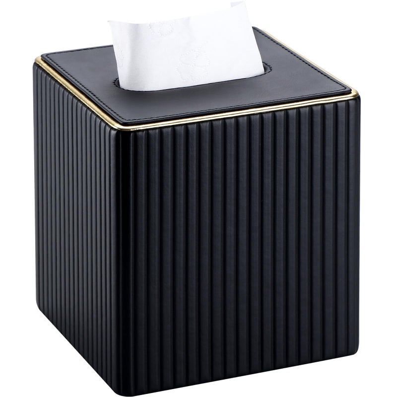 KINGFOM Tissue Box Cover, PU Leather Square Tissue Box Holder for Kleenexs with Magnetic Bottom Cover for Facial Tissues/Napkins, Office & Living Room Decor Box Black - Image 1