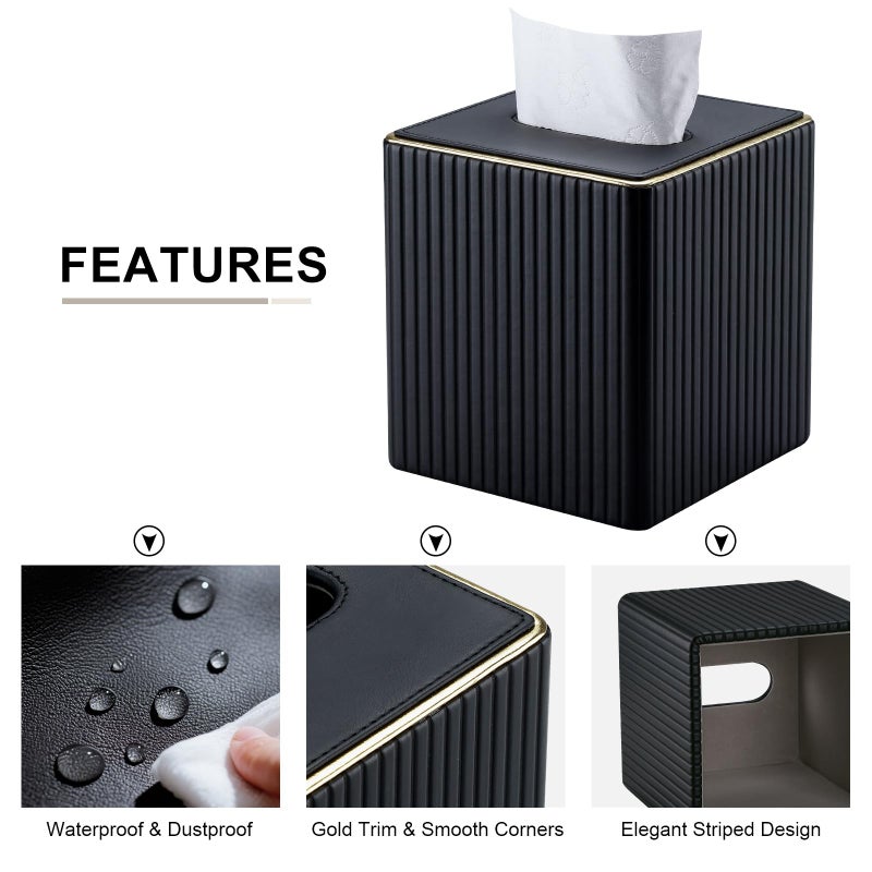 KINGFOM Tissue Box Cover, PU Leather Square Tissue Box Holder for Kleenexs with Magnetic Bottom Cover for Facial Tissues/Napkins, Office & Living Room Decor Box Black - Image 4