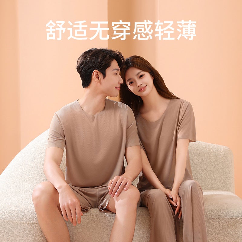2025 Couple Cool Pajamas Women'S Summer Ice Silk Thread Home Clothes Men'S Large Size Solid Color Drape Home Suit - Image 5