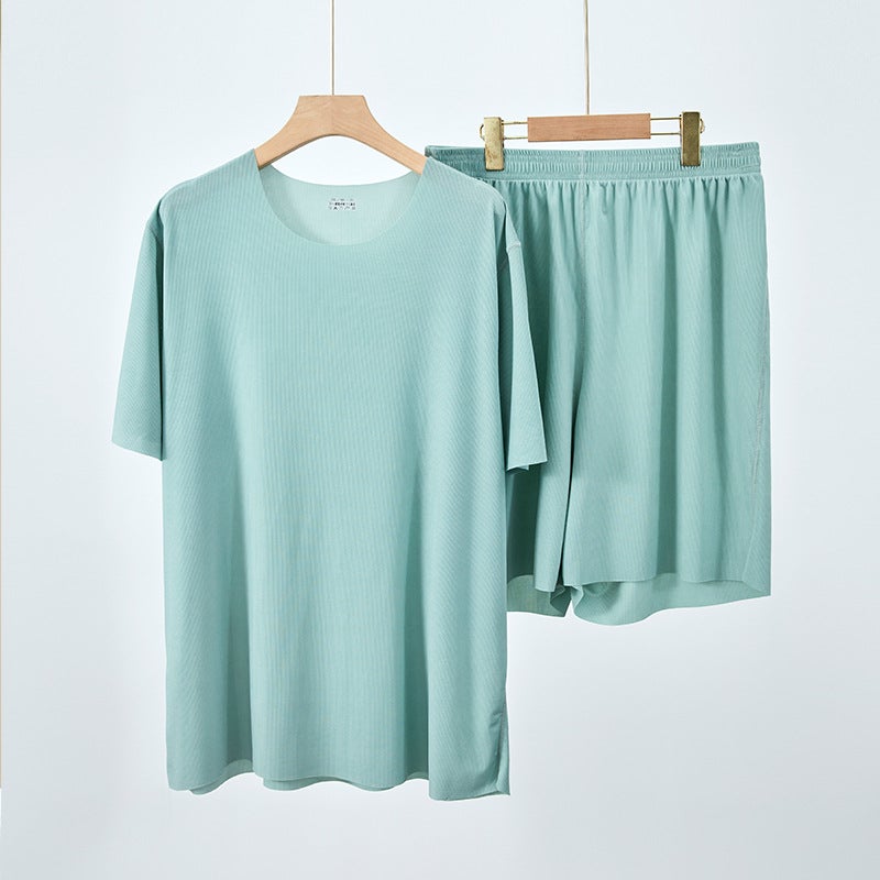 2025 Couple Cool Pajamas Women'S Summer Ice Silk Thread Home Clothes Men'S Large Size Solid Color Drape Home Suit - Image 1