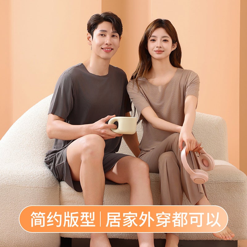 2025 Couple Cool Pajamas Women'S Summer Ice Silk Thread Home Clothes Men'S Large Size Solid Color Drape Home Suit - Image 4