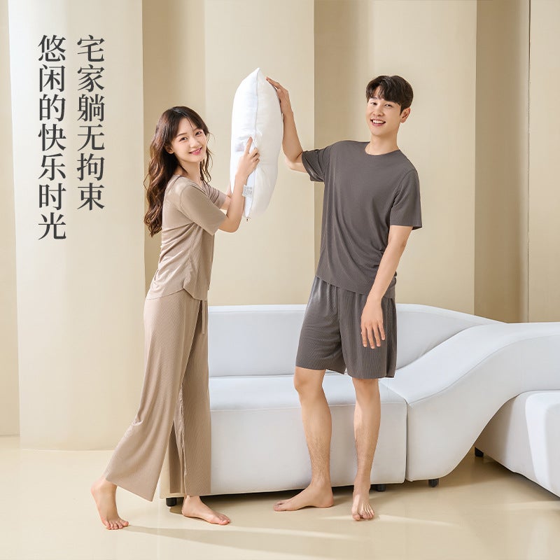 2025 Couple Cool Pajamas Women'S Summer Ice Silk Thread Home Clothes Men'S Large Size Solid Color Drape Home Suit - Image 3