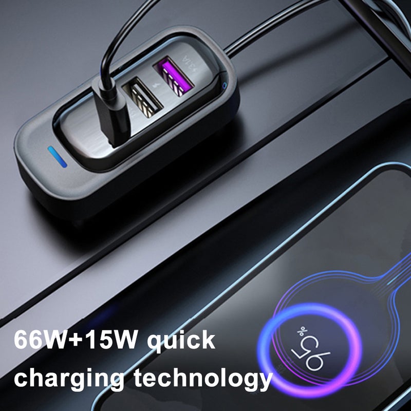 شاحنات سيارة USB: 6 منافذ شحن سريع 66 واط + 15 واط - حماية أمان من 6 طبقات من مواد ABS فاخرة مع كابل امتداد بطول 1.5 متر لشحن الأجهزة في مقعدي الأمام والخلف في السيارة - Image 4