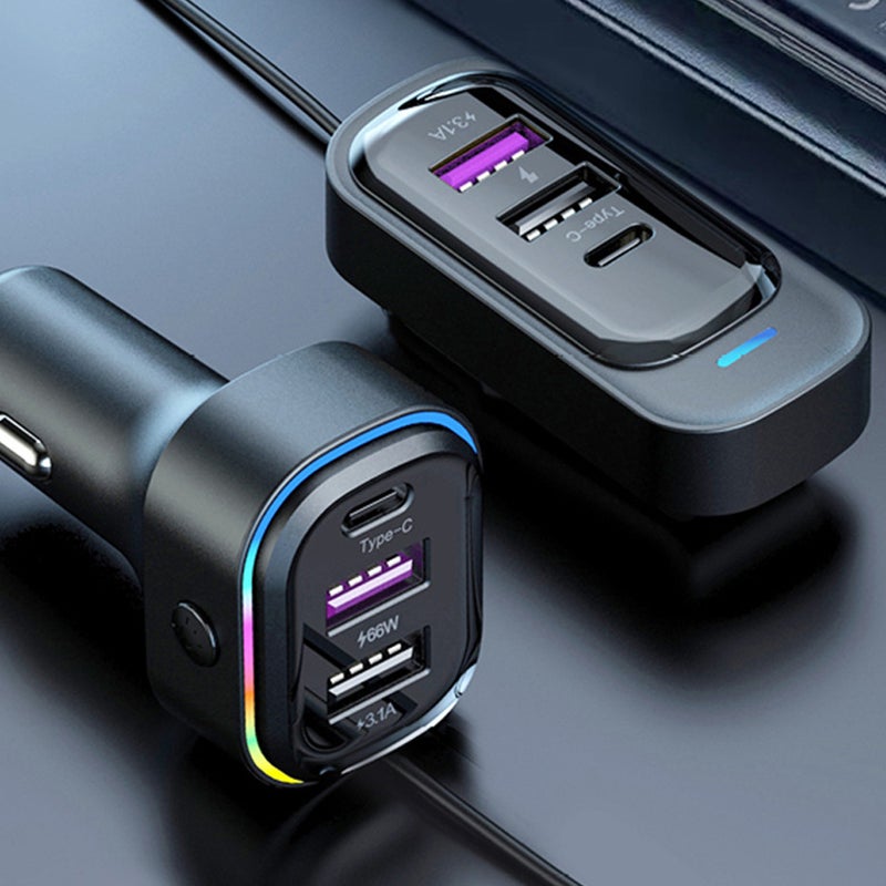 شاحنات سيارة USB: 6 منافذ شحن سريع 66 واط + 15 واط - حماية أمان من 6 طبقات من مواد ABS فاخرة مع كابل امتداد بطول 1.5 متر لشحن الأجهزة في مقعدي الأمام والخلف في السيارة - Image 3