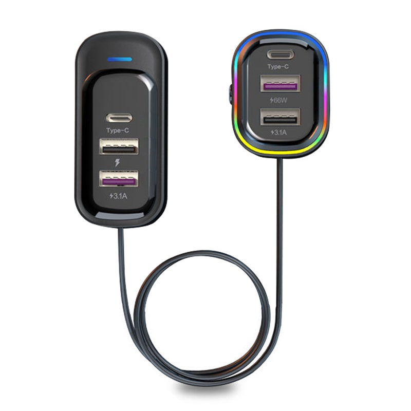شاحنات سيارة USB: 6 منافذ شحن سريع 66 واط + 15 واط - حماية أمان من 6 طبقات من مواد ABS فاخرة مع كابل امتداد بطول 1.5 متر لشحن الأجهزة في مقعدي الأمام والخلف في السيارة - Image 1